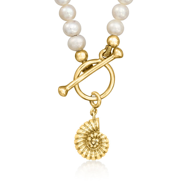 Gold nautilus seashell charm pendant on pearl beads with curved gold connector