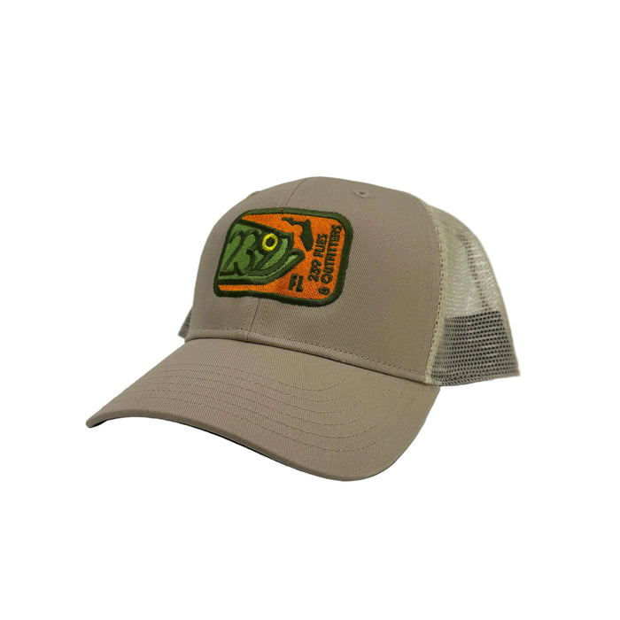 Tan Orvis Trucker Hat with embroidered green fish patch and mesh back