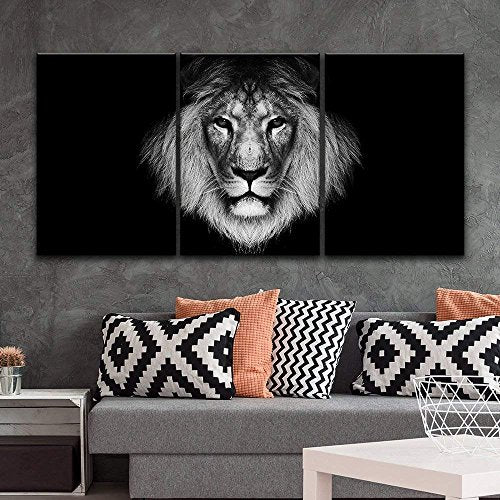 3 Panel Canvas Wall Art - A Lion Head on Black Background - Giclee Print Gallery Wrap Modern Home Decor Ready to Hang - EK CHIC HOME