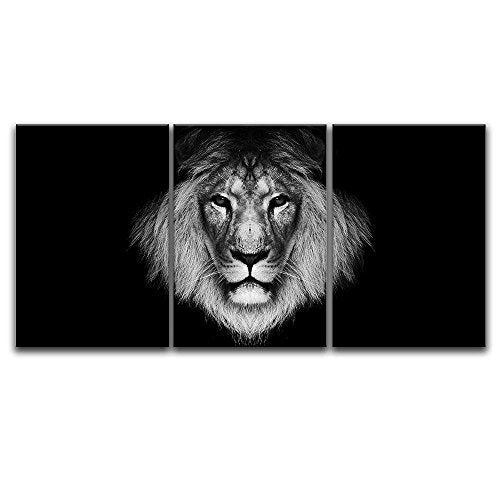 3 Panel Canvas Wall Art - A Lion Head on Black Background - Giclee Print Gallery Wrap Modern Home Decor Ready to Hang - EK CHIC HOME