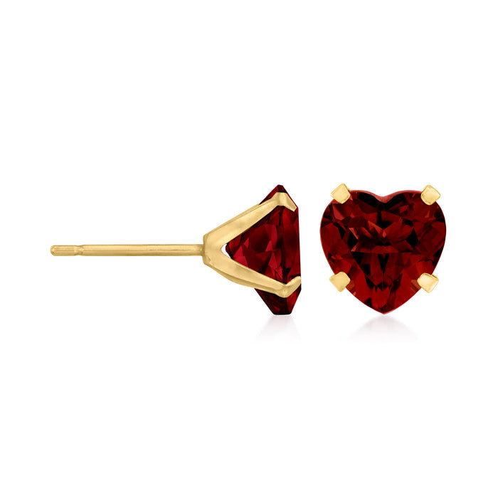 14kt yellow gold garnet heart stud earring with red heart stone and prongs