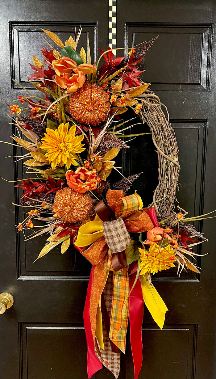 Glitter Pumpkins Fall Oval Wreath