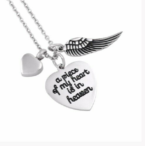 "A piece of my heart is in heaven" Heart Cremation Urn Pendant Necklace w/ Chain