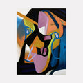 The artwork "Bondage" by Lia Rodi features an abstract composition with bold geometric shapes and contrasting colors including deep blues, vibrant oranges, soft purples, and black. The textured brushwork and fragmented forms evoke the style of Pablo Picasso’s Cubism and Wassily Kandinsky’s abstract expressionism, creating a dynamic, contemplative visual experience.