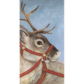 A rectangle guest napkin featuring a realistic painting of a reindeer wearing red reins, on a blue background with white snowflakes.