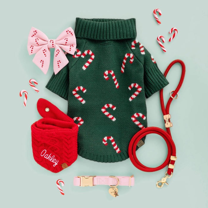 Dog and Cat Embroidered Lady Bowtie: Blush Pink Candy Canes