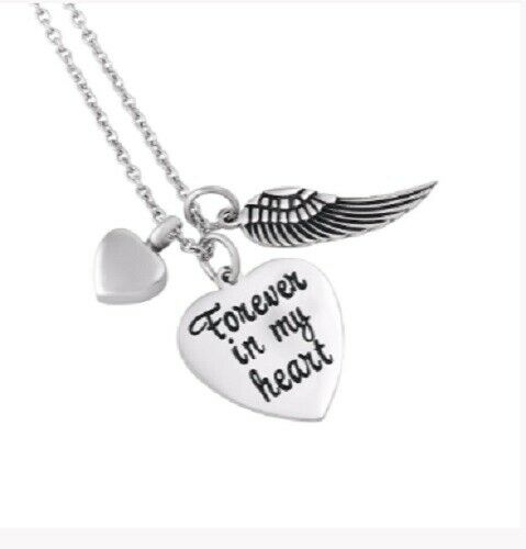 "Forever in my Heart" Metal Heart Cremation Urn Pendant Necklace w/ Chain Poem