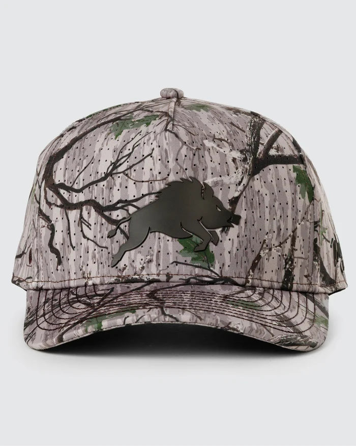 Full Boar Repel Hat by Waggle Golf — a camouflage water-resistant snapback golf hat with a boar logo on the front, floating brim, magnetic ball mark holder, and golf tee holder