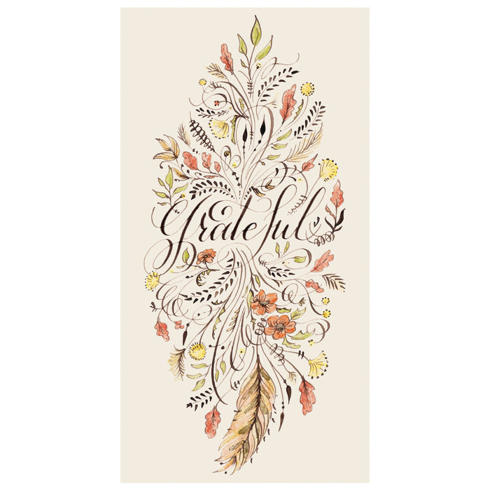 A rectangle guest napkin featuring beautiful calligraphy reading "grateful" in deep brown, surrounded by brown, orange and yellow florals and filigree, on a white background.