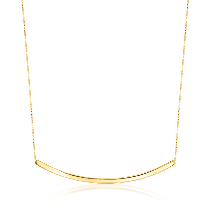 10kt yellow gold curved bar necklace, slim chain with smooth rounded bar.