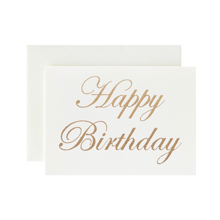 Ivory Happy Birthday Card by Catherine Greenup of "Happy Birthday" in gold leaf lettering, on an ivory card with a matching envelope.