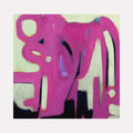 The artwork "Lily & Friends: Lily Stalks" by Lia Rodi features bold, fluid shapes in vibrant magenta contrasted with soft cream and black accents. The thick brushstrokes and abstract forms evoke the expressive style of Willem de Kooning, blending an energetic modernist texture with a playful, spontaneous composition.