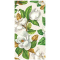 A rectangle guest napkin featuring illustrated white magnolia blossoms with brown and green leaves and stems, on a white background.