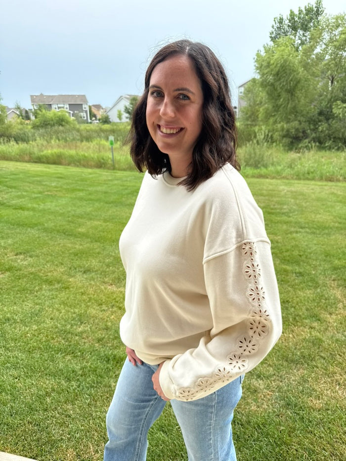 Marietta Top | Women's Embroidered Sleeve Round Neck Long Sleeve Top