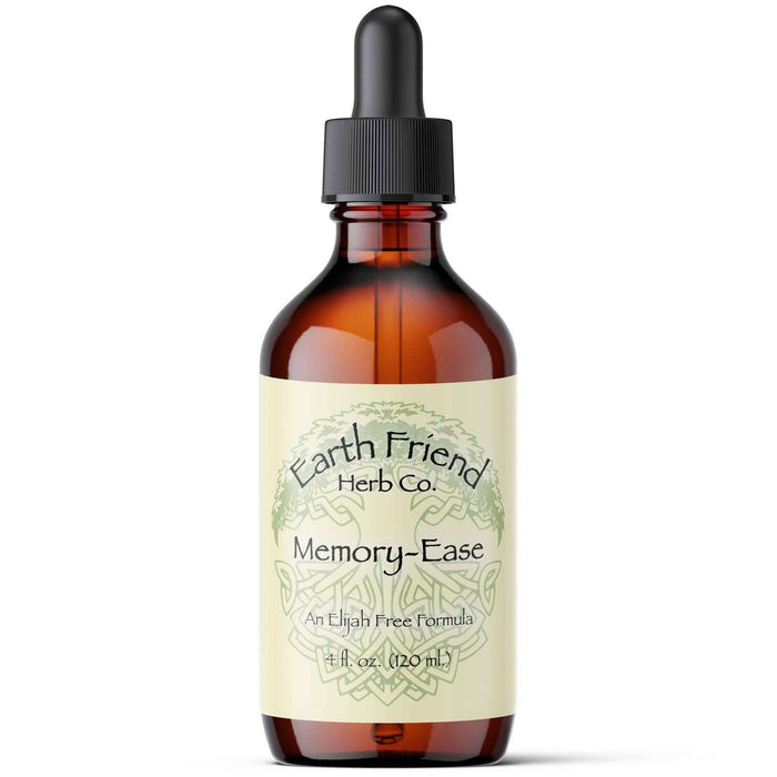 Memory-Ease Liquid Herbs for Cognitive Retention by Earth Friend Herb Co in a 1 oz dropper bottle.