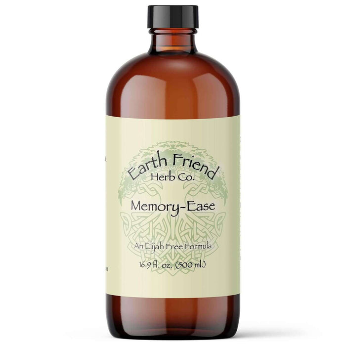 Memory-Ease liquid herbs for cognitive retention from Earth Friend Herb Co in a clear bottle.