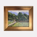 The artwork "Open Space Fields" by Connie Falk features a serene rural landscape with lush green trees and fields stretching into the distance, bordered by a soft pink flower line. The painting has textured brushstrokes reminiscent of Impressionists like Claude Monet, with a calming palette of greens, blues, and earth tones capturing natural light and tranquility.