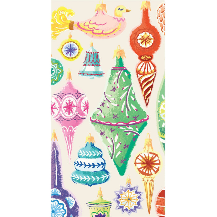 A rectangle guest napkin featuring whimsical illustrations of colorful vintage Christmas ornaments on a cream background.