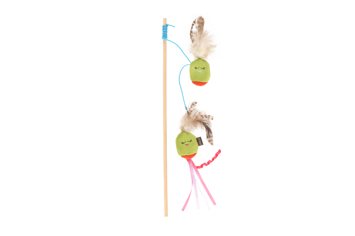 P.L.A.Y. Feline Frenzy Blanc cat wand featuring plush wine bottle and cheese wedge toys.