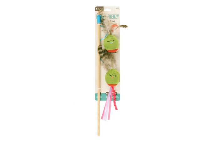 P.L.A.Y. Feline Frenzy Blanc cat wand featuring plush wine bottle and cheese wedge toys.