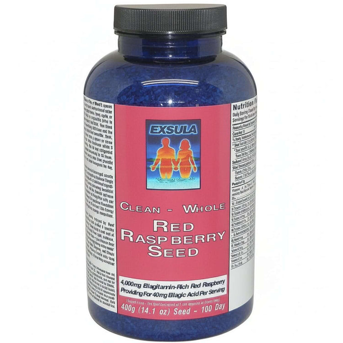 Red Raspberry Seeds - Ellagic Acid Source by Exsula Superfoods, showing a blue container with nutrition information.