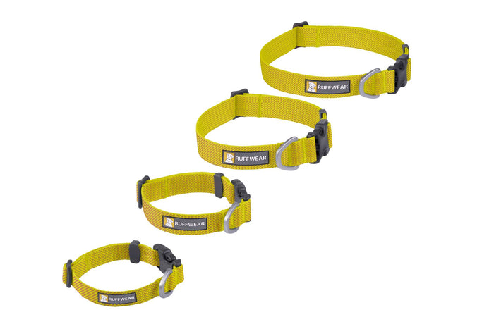 The ultralight Ruffwear Hi & Light minimalist dog collar showing its strong side-release buckle and aluminum D-ring
