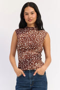 Sleeveless Fitted Mesh Fawn Print Top