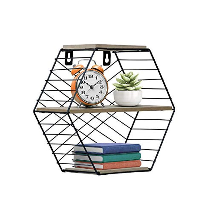 Sorbus Floating Shelves Hexagon Wall Mounted Metal & Rustic Wood Storage - EK CHIC HOME