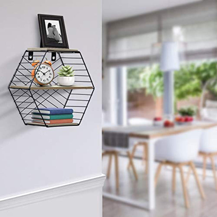 Sorbus Floating Shelves Hexagon Wall Mounted Metal & Rustic Wood Storage - EK CHIC HOME