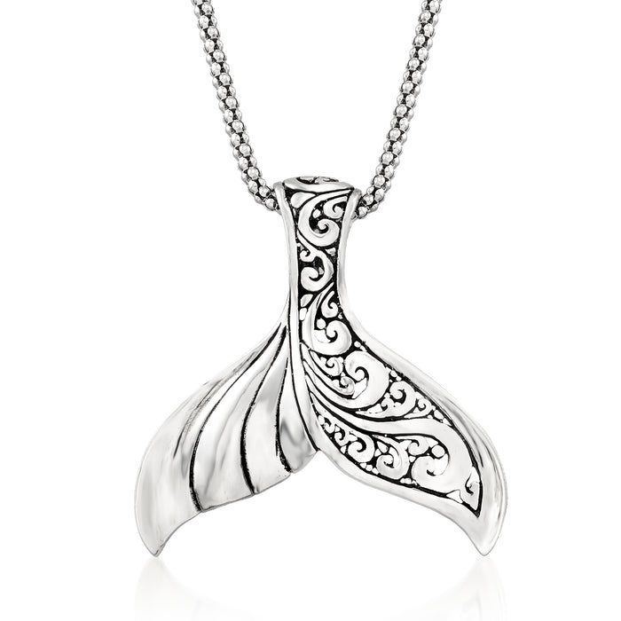 Sterling silver whale tail pendant necklace with filigree, on link chain.