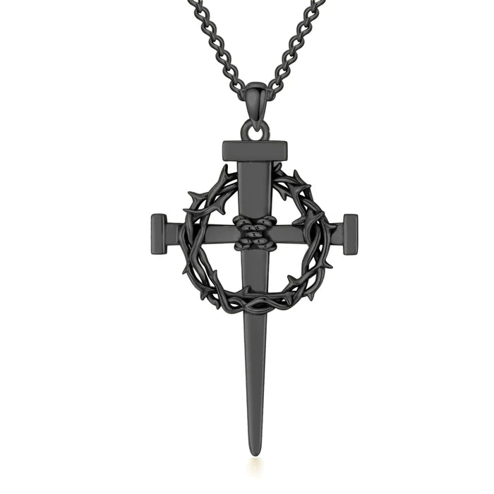 Sterling Silver Black Crown of Thorn Nail Cross Pendant