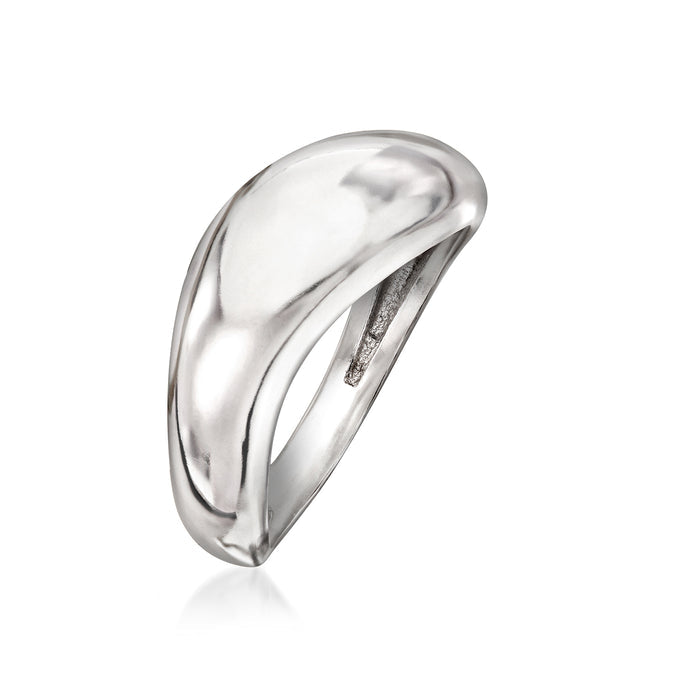 Polished sterling silver ring with sculptural wave design and open interior
