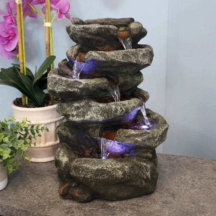 Sunnydaze 15" 6-Tier Stone Falls Indoor Tabletop Fountain with LED Light DW-34107
