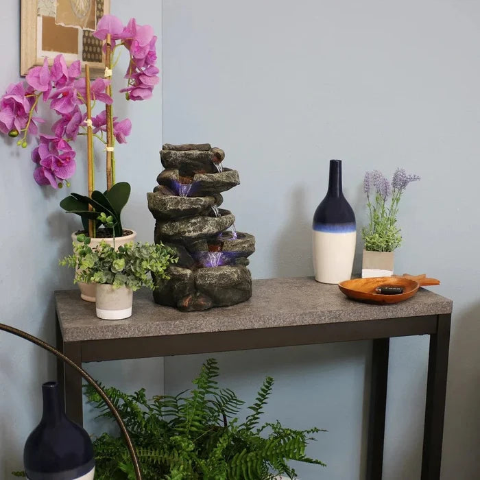 Sunnydaze 15" 6-Tier Stone Falls Indoor Tabletop Fountain with LED Light DW-34107