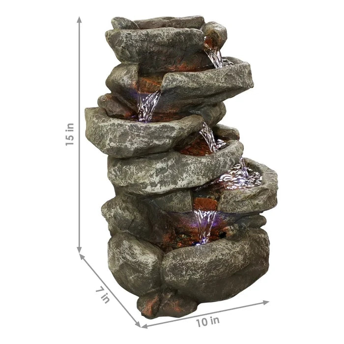Sunnydaze 15" 6-Tier Stone Falls Indoor Tabletop Fountain with LED Light DW-34107