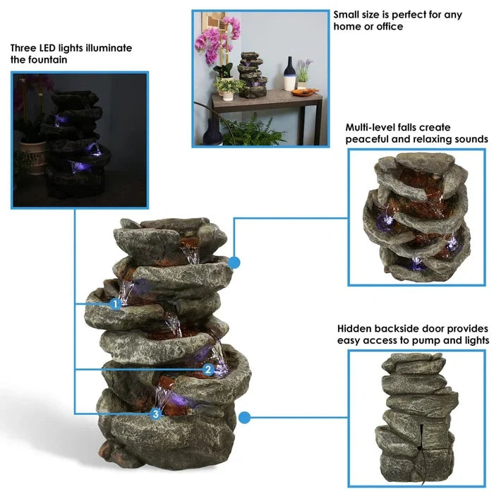 Sunnydaze 15" 6-Tier Stone Falls Indoor Tabletop Fountain with LED Light DW-34107