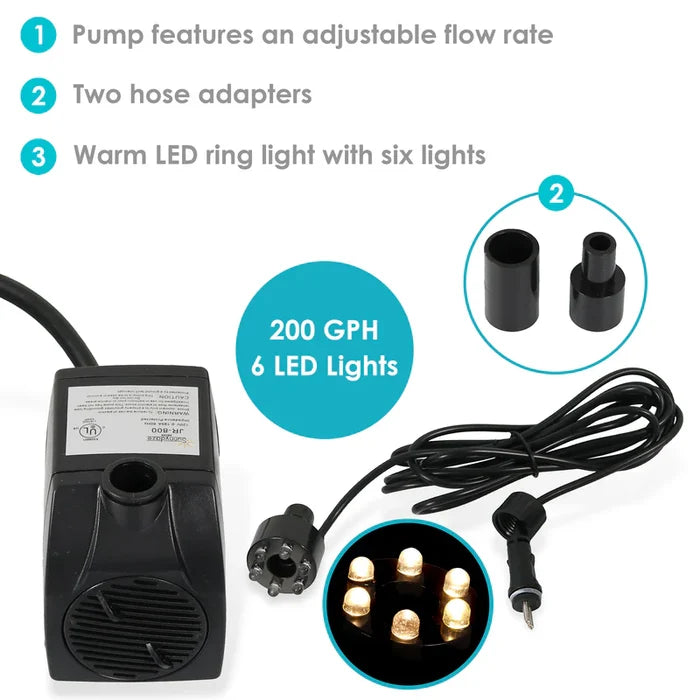 Sunnydaze 200 GPH Electric Submersible Water Pump with 6 LED Lights JR-800 6LED-W