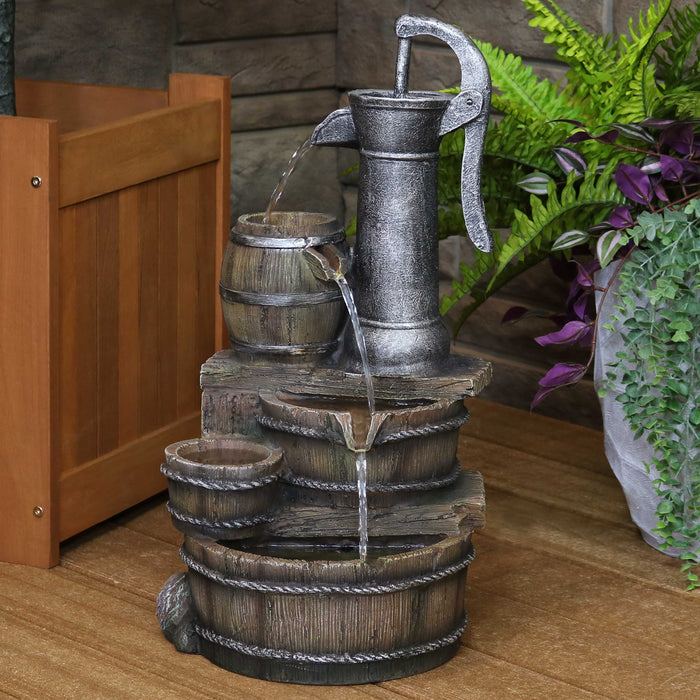 Sunnydaze Cozy Farmhouse Pump and Barrels Outdoor Fountain with Lights XSS-424