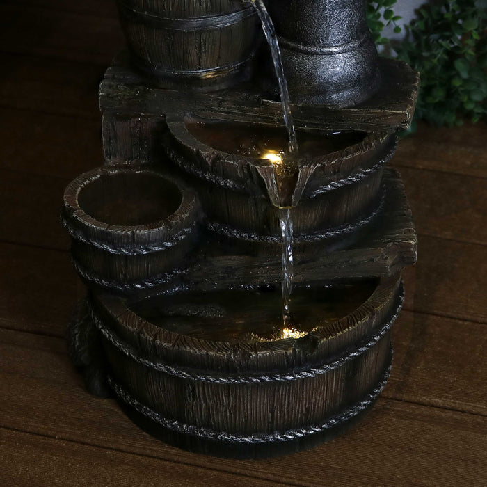 Sunnydaze Cozy Farmhouse Pump and Barrels Outdoor Fountain with Lights XSS-424