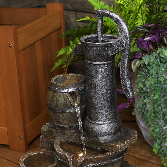 Sunnydaze Cozy Farmhouse Pump and Barrels Outdoor Fountain with Lights XSS-424