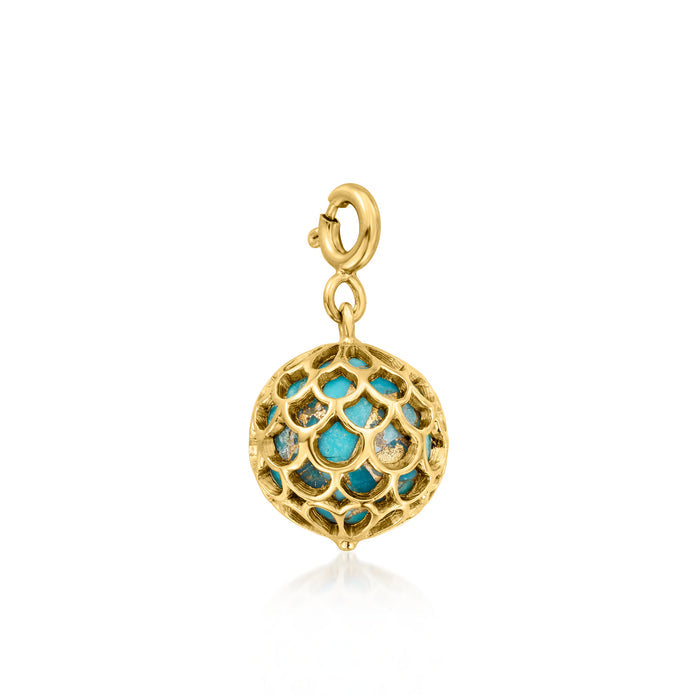 Turquoise scales charm with ornate gold filigree and teal stone centerpiece.