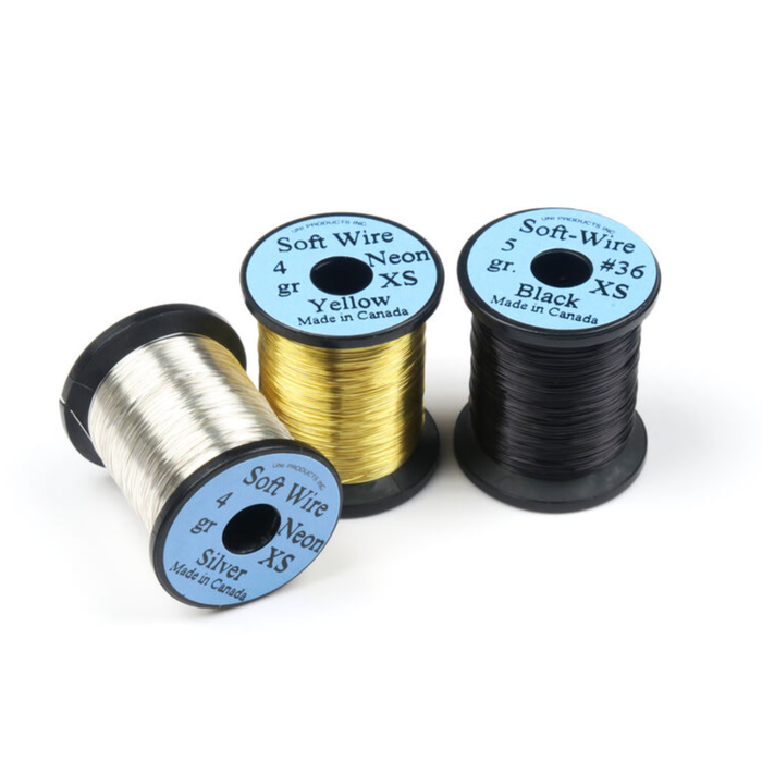 Hareline UNI-Soft Wire Extra Small spools in Neon Silver, Neon Yellow, and Black for fly tying