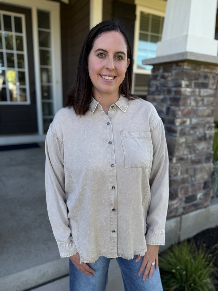 Washed Tencel Oversized Fringe Hem Shirt