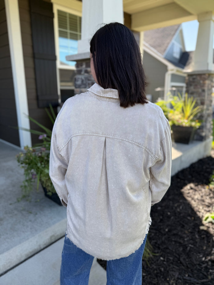 Washed Tencel Oversized Fringe Hem Shirt