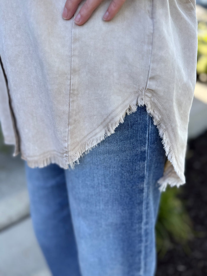 Washed Tencel Oversized Fringe Hem Shirt