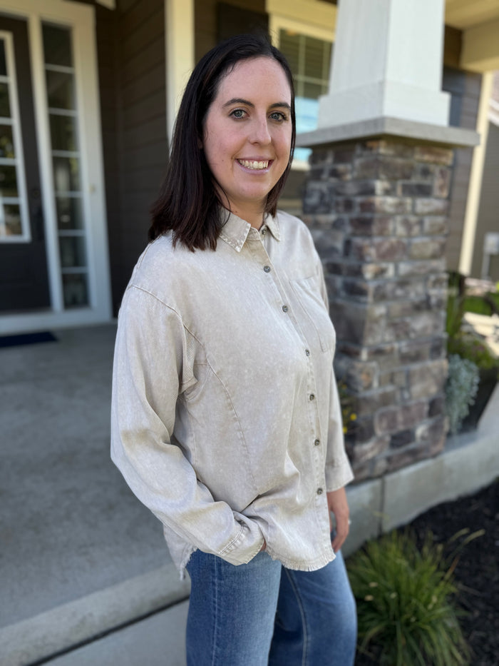 Washed Tencel Oversized Fringe Hem Shirt