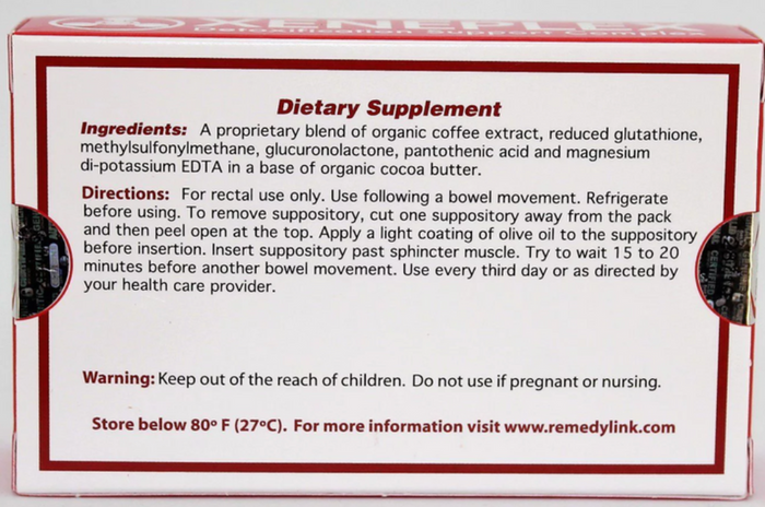 Dietary Supplement box with ingredients and usage directions for Glutathione and Coffee Based Liver Detox Support.