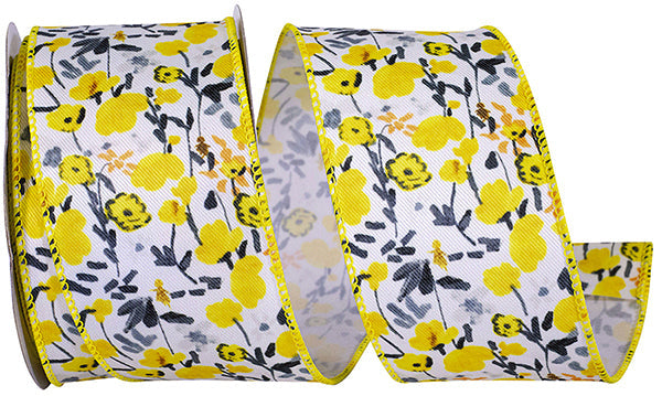 Yellow Wildflower Floral Wired Ribbon - 2.5" x 10yds