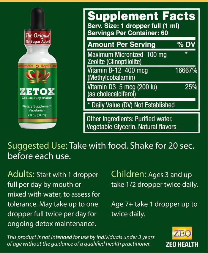 Zetox Liquid Zeolite Detox and Cellular Energy Support supplement facts label with dosage instructions